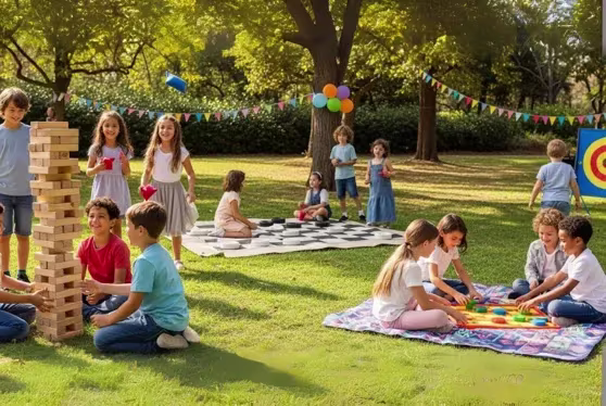 Enfants jouant à un Jenga géant et à des jeux de société XXL lors d’un anniversaire en plein air, avec ambiance festive, ballons et décorations colorées. Idéal pour Jenga adulte, Uno géant, Tetris tumble XXL et Subsoccer.